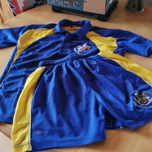Blue and gold Falcon sweat wicking technology polo shirt and shorts